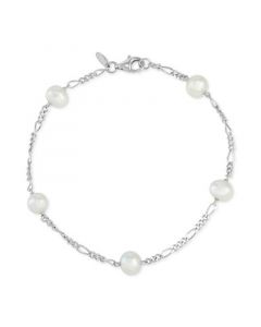 Cultured Freshwater Potato Pearl (6 - 6-1/2mm) Station Figaro Link Bracelet in Sterling Silver