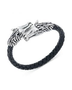 Horse Head Black Leather Braided Bypass Bracelet in Stainless Steel