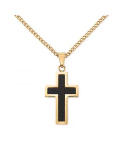 Black Carbon Fiber Cross 24" Pendant Necklace in Gold-Tone Ion-Plated Stainless Steel