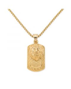 Crystal Lion Head & Greek Key Dog Tag 24" Pendant Necklace in Yellow Ion-Plated Stainless Steel