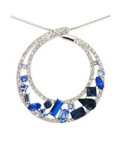 Blue and White Crystal Circle Pendant Necklace in Platinum over Sterling Silver