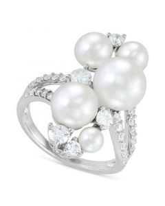 Cultured Freshwater Button Pearl (4 - 9-1/2mm) & Cubic Zirconia Cluster Ring in Sterling Silver