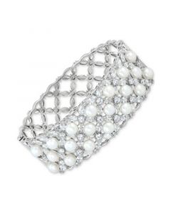 Cultured Freshwater Button Pearl (6 - 6-1/2mm) & Cubic Zirconia Lattice Statement Bracelet in Sterling Silver