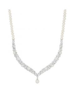 Cultured Freshwater Button & Potato Pearl (5-11mm) & Cubic Zirconia Fancy Collar Necklace in Sterling Silver, 16" + 2" extender