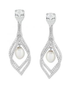 Cultured Freshwater Pearl (9 x 7mm) & Cubic Zirconia Orbital Drop Earrings in Sterling Silver