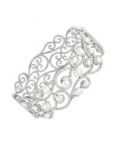 Cultured Freshwater Button Pearl (5 - 7-1/2mm) & Cubic Zirconia Filigree Statement Bracelet