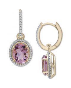 Pink Amethyst (3-1/3 ct. t.w.) & Diamond (1/4 ct. t.w.) Oval Halo Dangle Hoop Earrings in 14k Gold