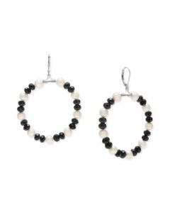 Cultured Freshwater Pearl (6mm) & Black Spinel (6mm) Circle Drop Earrings in Sterling Silver