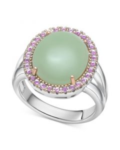 Green Jade (10 x 14mm) & Pink Amethyst (1/2 ct. t.w.) Halo Ring in Sterling Silver