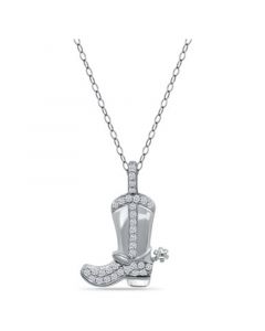 Cubic Zirconia Cowboy Boot with Spur Pendant Necklace in Sterling Silver