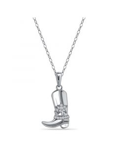 Cubic Zirconia Cowboy Boot with Sheriff Star Pendant Necklace  in Sterling Silver