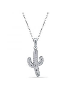 Cubic Zirconia Pave Cactus Pendant Necklace in Sterling Silver