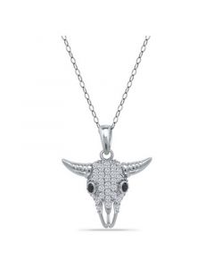 Cubic Zirconia Pave Steer Head Pendant Necklace in Sterling Silver