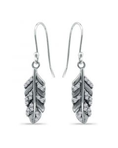 Cubic Zirconia Pave Feather Drop Earrings in Sterling Silver