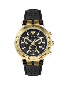 Men's Swiss Chronograph Bold Black Perforated Leather Strap Watch 46mm