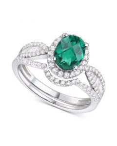 2-Pc. Set Lab-Created Emerald (1 ct. t.w.) & Lab-Created White Sapphire (5/8 ct. t.w.) Ring & Fitted Band in Sterling Silver (Also in Lab-Created Blue Sapphire)