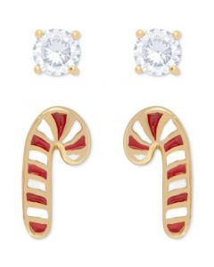 2-Pc. Set Lab-Created White Sapphire (1/3 ct. t.w.) & Enamel Candy Cane Stud Earrings in 14k Gold-Plated Sterling Silver