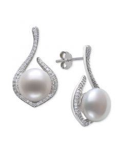 Cultured Freshwater Button Pearl (10-11mm) & Cubic Zirconia Drop Earrings in Sterling Silver