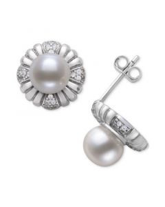 Cultured Freshwater Pearl (7-8mm) & Lab-Created White Sapphire Flower Stud Earrings in Sterling Silver