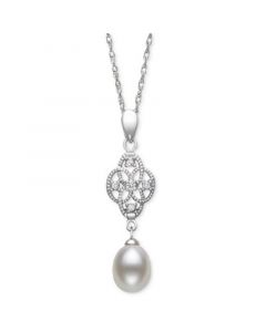 Cultured Freshwater Pearl (7-8mm) & Lab-Created White Sapphire (1/10 ct. t.w.) Double Drop 18" Pendant Necklace in Sterling Silver