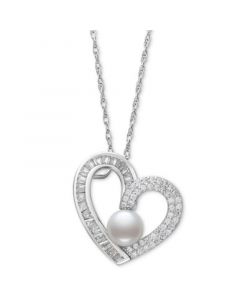 Cultured Freshwater Button Pearl (6mm) & Cubic Zirconia Heart 18" Pendant Necklace in Sterling Silver