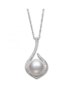 Cultured Freshwater Button Pearl (10mm) & Cubic Zirconia 18" Pendant Necklace in Sterling Silver