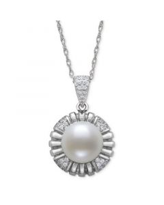 Cultured Freshwater Button Pearl (10mm) & Lab-Created White Sapphire (1/2 ct. t.w.) Flower 18" Pendant Necklace in Sterling Silver