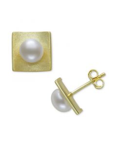 Cultured Freshwater Button Pearl (7-8mm) Square Stud Earrings in 14k Gold-Plated Sterling Silver