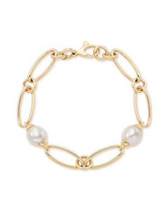 Cultured Freshwater Pearl (9-3/4 x 10-3/4mm) Oval Link Bracelet in 14k Gold-Plated Sterling Silver