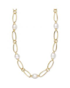 Cultured Freshwater Pearl (9-3/4 x 10-3/4mm) Oval Link 18" Collar Necklace in 14k Gold-Plated Sterling Silver