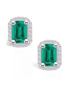 Emerald (1-1/8 Ct. t.w.) and Diamond (1/5 Ct. t.w.) Halo Stud Earrings