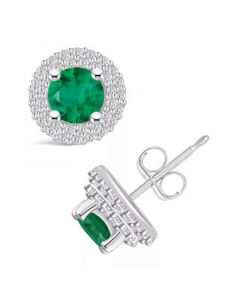 Emerald (1 Ct. t.w.) and Diamond (1/3 Ct. t.w.) Halo Stud Earrings