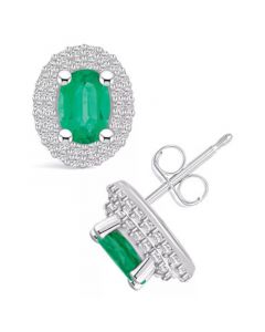 Emerald (1 Ct. t.w.) and Diamond (3/8 Ct. t.w.) Halo Stud Earrings