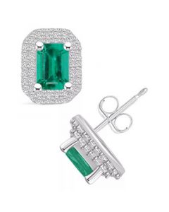 Emerald (1-1/8 Ct. t.w.) and Diamond (3/8 Ct. t.w.) Halo Stud Earrings