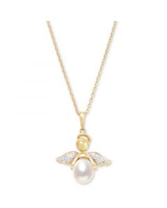 Cultured Freshwater Pearl (7 - 7-1/2mm) & Cubic Zirconia Angel 18" Pendant Necklace set in 14k Two-Tone Gold-Plated Sterling Silver