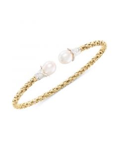 Cultured Freshwater Pearl (7 1/4 - 8mm) Popcorn Link Cuff Bangle Bracelet in 14k Two-Tone Gold-Plated Sterling Silver