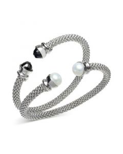 2-Pc. Set Cultured Freshwater Pearl (8 1/4 - 8 1/2mm) & Onyx Popcorn Cuff Bangle Bracelets in Sterling Silver