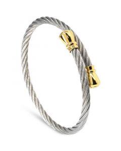 Cable & Cap Two-Tone Bypass Bangle Bracelet in Stainless Steel & Yellow Gold PVD