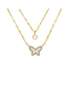 Mother of Pearl & Lab-Created White Sapphire (3/8 ct. t.w.) Bezel & Butterfly 16" Layered Pendant Necklace in 14k Gold-Plated Sterling Silver