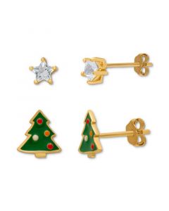 2-Pc. Set Lab-Created White Sapphire (3/4 ct. t.w.) & Enamel Christmas Tree Stud Earrings in 14k Gold-Plated Sterling Silver