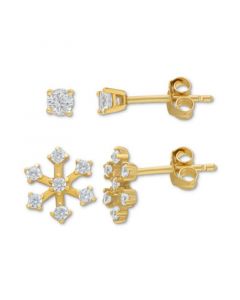 2-Pc. Set Lab-Created White Sapphire Snowflake & Solitaire Stud Earrings (1-1/3 ct. t.w.) in 14k Gold-Plated Sterling Silver