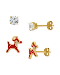 2-Pc. Set Lab-Created White Sapphire (3/4 ct. t.w.) & Enamel Reindeer Stud Earrings in 14k Gold-Plated Sterling Silver