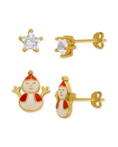 2-Pc. Set Lab-Created White Sapphire (3/4 ct. t.w.) Star & Enamel Snowman Stud Earrings in 14k Gold-Plated Sterling Silver