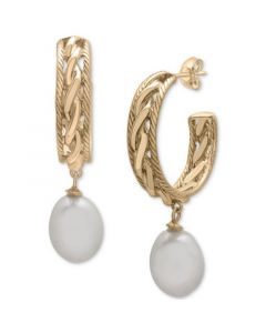 Cultured Freshwater Pearl (13 x 15mm) Dangle Hoop Earrings in 14k Gold-Plated Sterling Silver