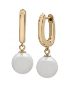 Cultured Freshwater Pearl (10mm) Dangle Huggie Hoop Earrings in 14k Gold-Plated Sterling Silver