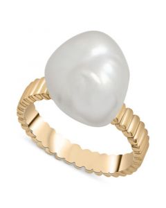 Cultured Freshwater Pearl (10 x 14mm) Ridged Ring in 14k Gold-Plated Sterling Silver