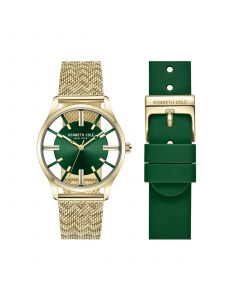 Women's Quartz Gold-Tone Stainless Steel Mesh Bracelet and Green Genuine Leather Strap Watch 34.5mm Gift Set