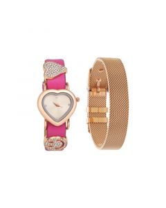 Women's Fuchsia Leather Strap Watch 21mm Gift Set, 2 Piece