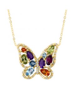 Multi-Gemstone (1-3/4 ct. t.w.) & Diamond (1/8 ct. t.w.) Butterfly Pendant Necklace in 14k Gold, 16" + 2" extender