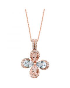 Aquamarine (1-3/8 ct. t.w.), Morganite (1-1/3 ct. t.w.) & Diamond (1/3 ct. t.w.) Flower Pendant Necklace in 14k Rose Gold, 16" + 2" extender